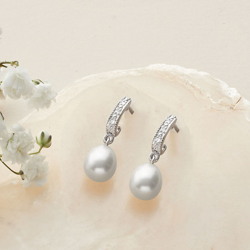 8-9mm Cultured Pearl Dangle Earrings with Diamonds in Sterling Silver image number 2