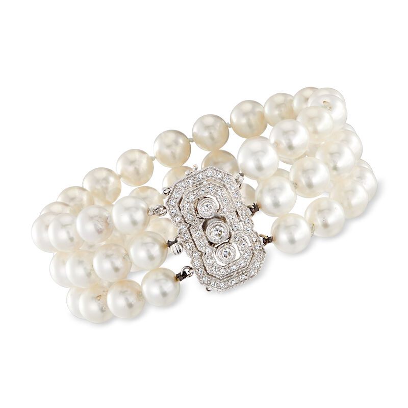 C. 1970 Vintage 8mm Cultured Pearl and .50 ct. t.w. Diamond Three-Row Bracelet in 18kt White Gold image number 0