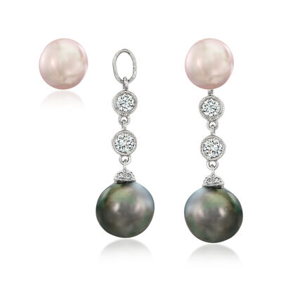 C. 1990 Vintage Black and Pink Cultured Pearl Day/Night Drop Earrings with .50 ct. t.w. Diamonds in 14kt White Gold