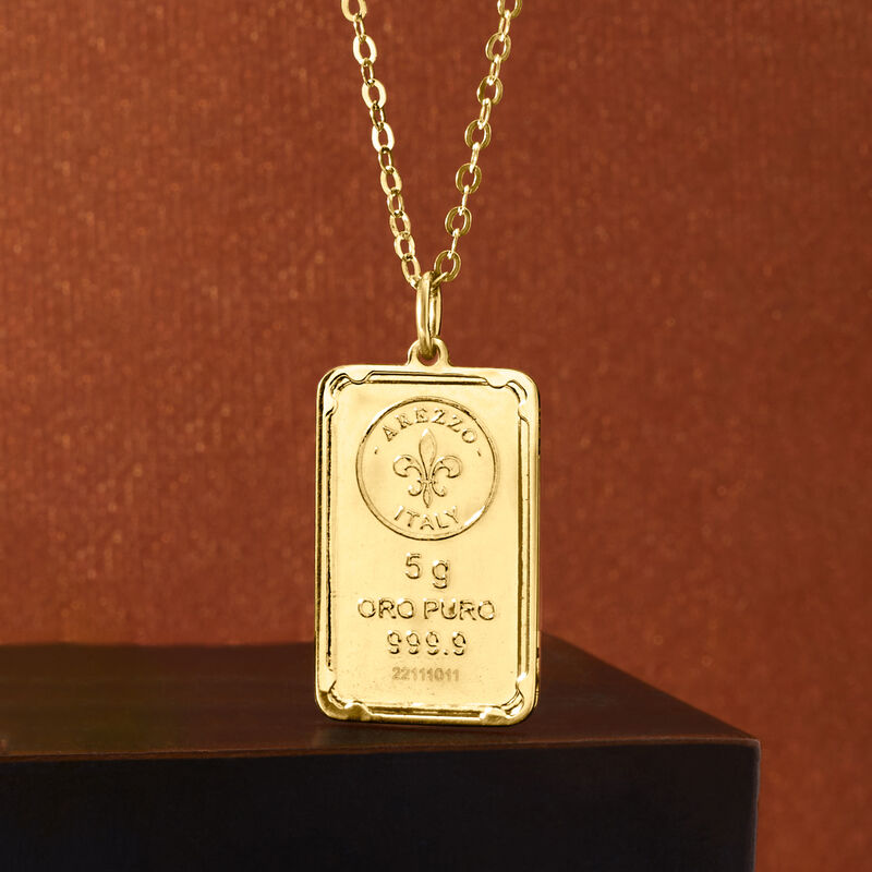 Italian 24kt Yellow Gold Fleur-De-Lis Five-Gram Ingot Pendant Necklace with 14kt Gold Frame image number 3