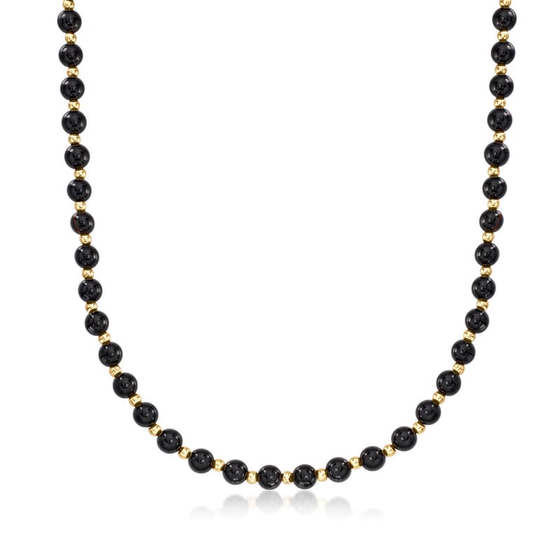 C. 1980 Vintage 6mm Onyx Bead Necklace with 14kt Yellow Gold. 33" image number 0