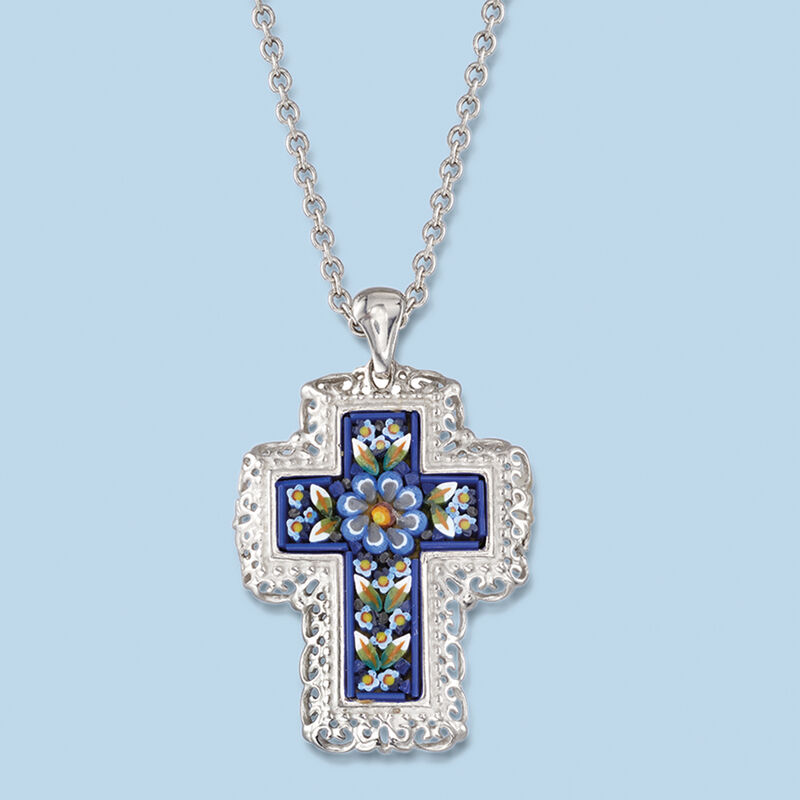 Italian Murano Glass Mosaic Floral Cross Pendant Necklace in Sterling Silver image number 2