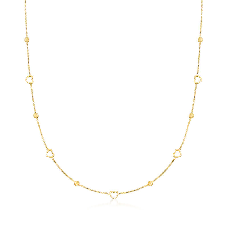 Italian 14kt Yellow Gold Bead and Heart Station Necklace. 16&quot; image number 1