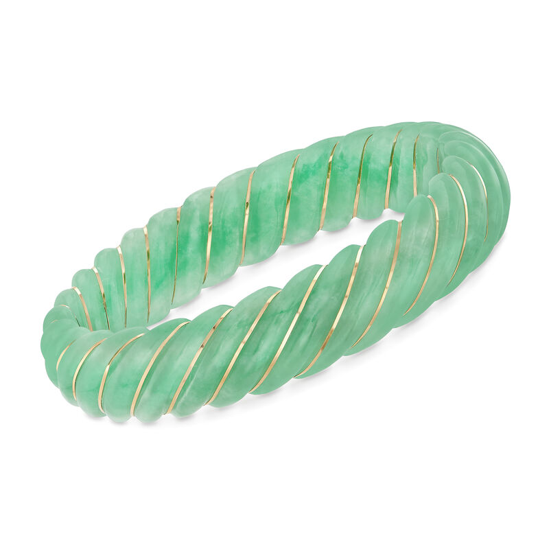 Carved Jade Bangle Bracelet with 14kt Yellow Gold image number 0