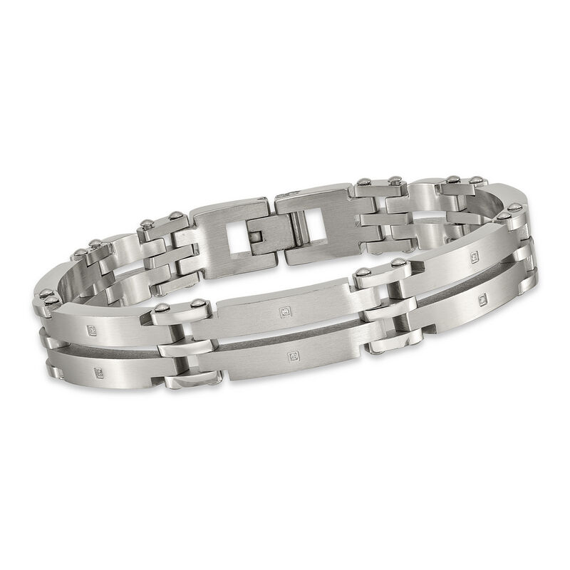 Men's Stainless Steel Brushed Link Bracelet with CZ Accents. 9&quot; image number 0