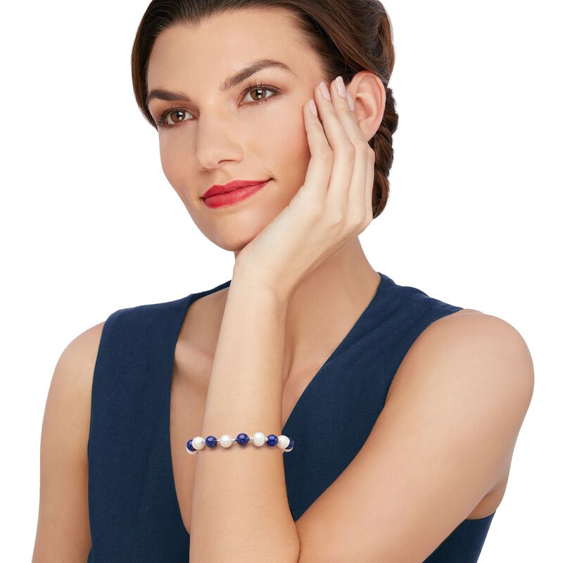 Lapis and 8-9mm Cultured Pearl Bolo Bracelet in Sterling Silver  image number 1