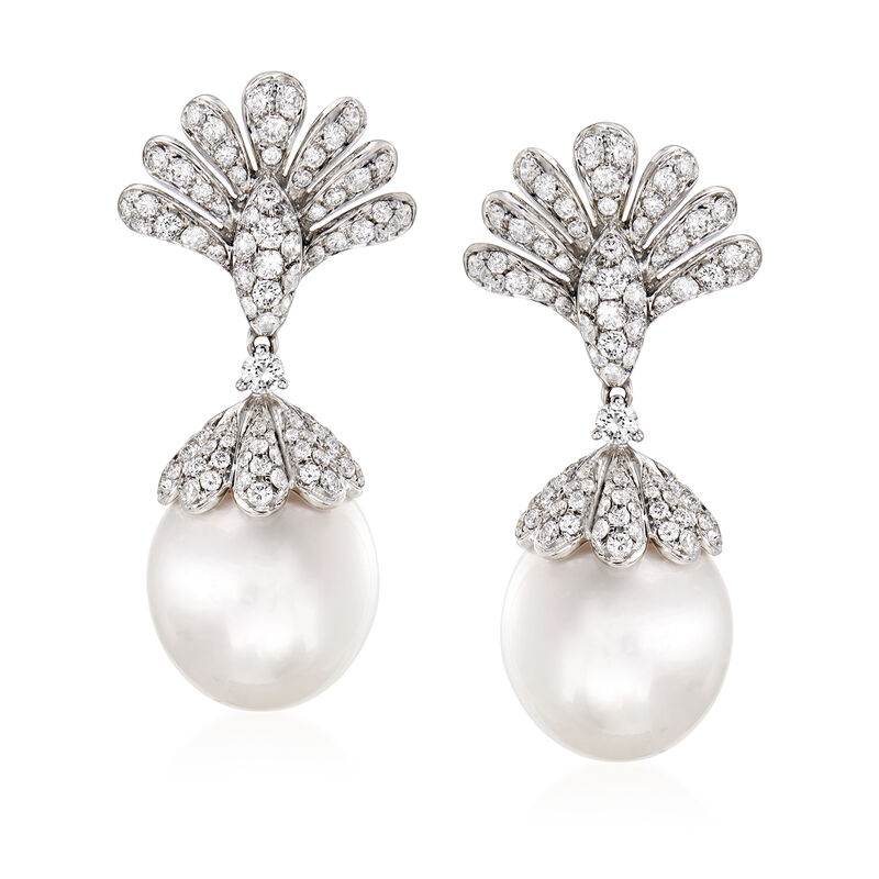 13.5-14mm Cultured South Sea Pearl and 1.95 ct. t.w. Diamond Drop Earrings in 18kt White Gold image number 0