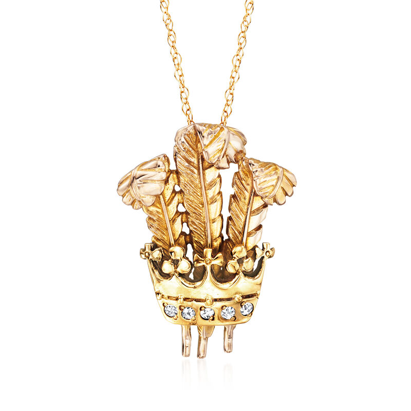 C. 1994 Vintage 14kt and 18kt Yellow Gold Feather Crown Pendant Necklace with .10 ct. t.w. Diamonds and British Hallmark image number 0