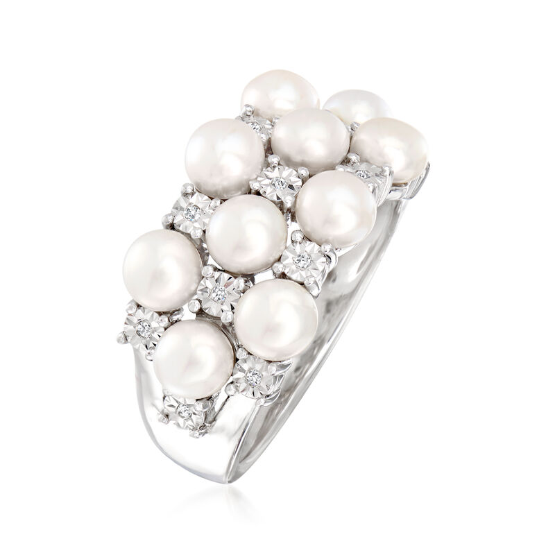 4mm Cultured Pearl Ring with Diamonds in Sterling Silver image number 2