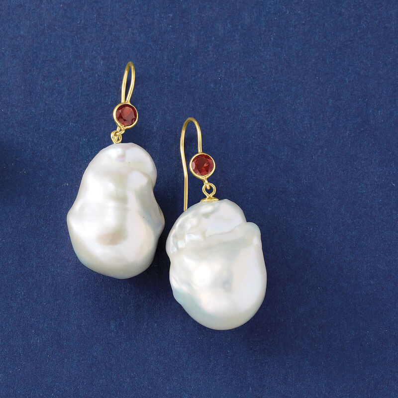 14-16mm Cultured Baroque Pearl and .60 ct. t.w. Garnet Drop Earrings in 14kt Yellow Gold image number 2