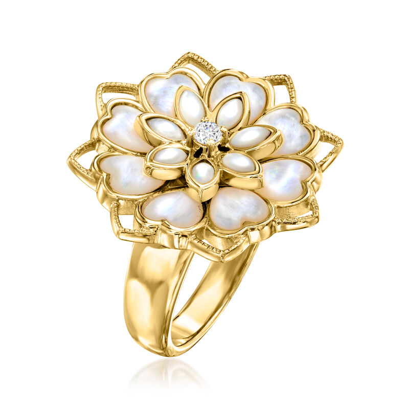 Mother-of-Pearl Flower Ring with Single White Topaz in 18kt Gold Over Sterling image number 2