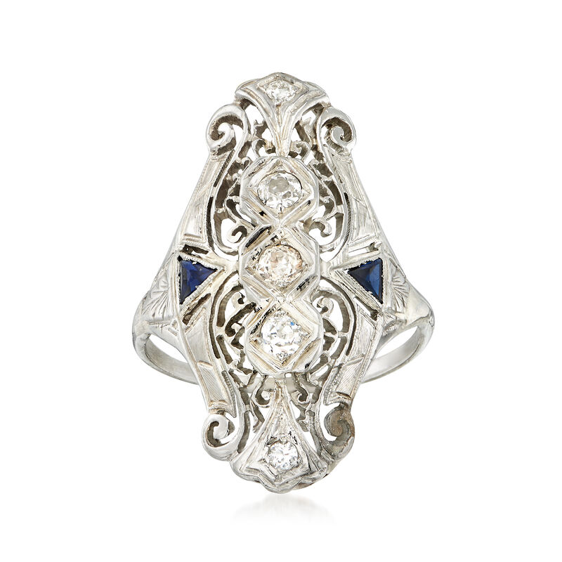 C. 1940 Vintage .47 ct. t.w. Diamond and .20 ct. t.w. Synthetic Sapphire Filigree Ring in 18kt White Gold. Size 8.5 image number 0