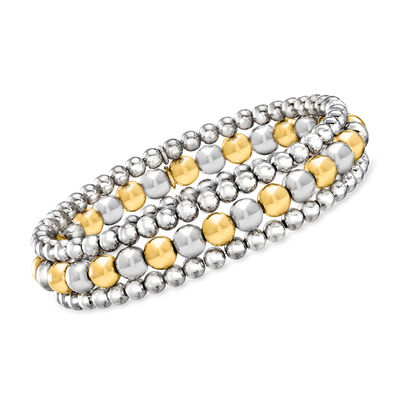 Italian Two-Tone Sterling Silver Jewelry Set: Three 4-6mm Bead Stretch Bracelets