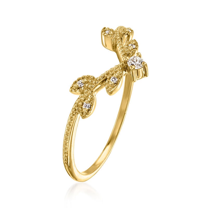 C. 1990 Vintage 14kt Yellow Gold Curved Leaf Ring with Diamonds. Size 8 image number 2