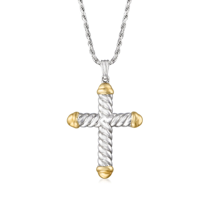 Roped Cross Pendant Necklace in Two-Tone Sterling Silver image number 0