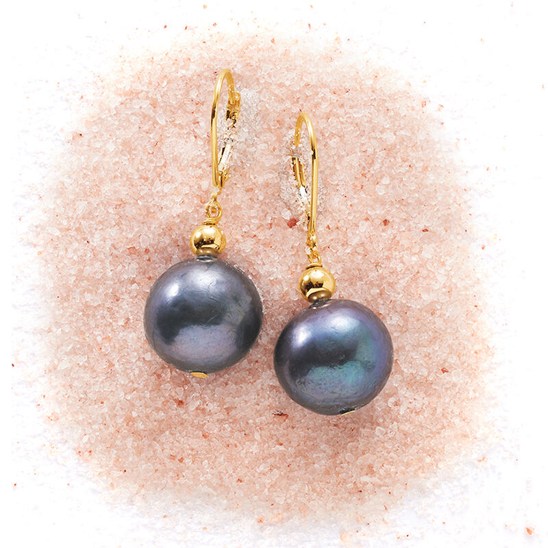 13-14mm Black Cultured Pearl Drop Earrings in 14kt Yellow Gold image number 2