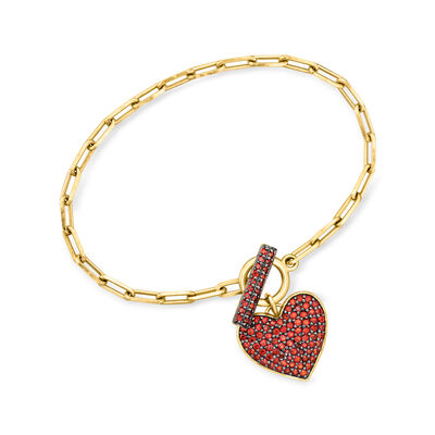 1.80 ct. t.w. Garnet Heart Paper Clip Link Toggle Bracelet in 18kt Gold Over Sterling