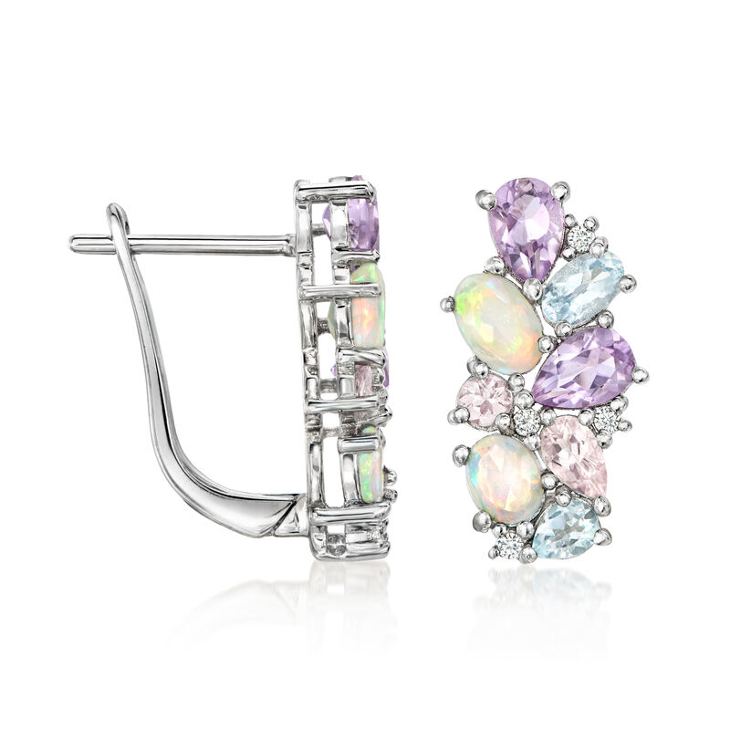 Opal and 3.30 ct. t.w. Pastel Multi-Gemstone Hoop Earrings in Sterling Silver. 7/8" image number 2