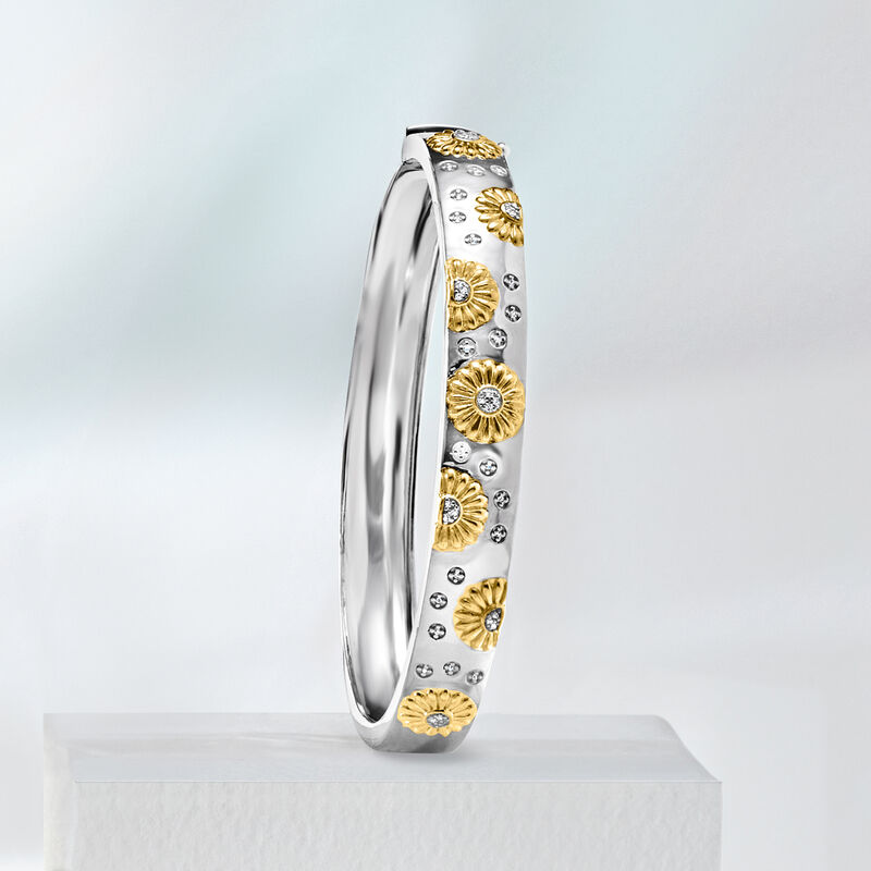 Diamond Sunflower Bangle Bracelet in Two-Tone Sterling Silver image number 2