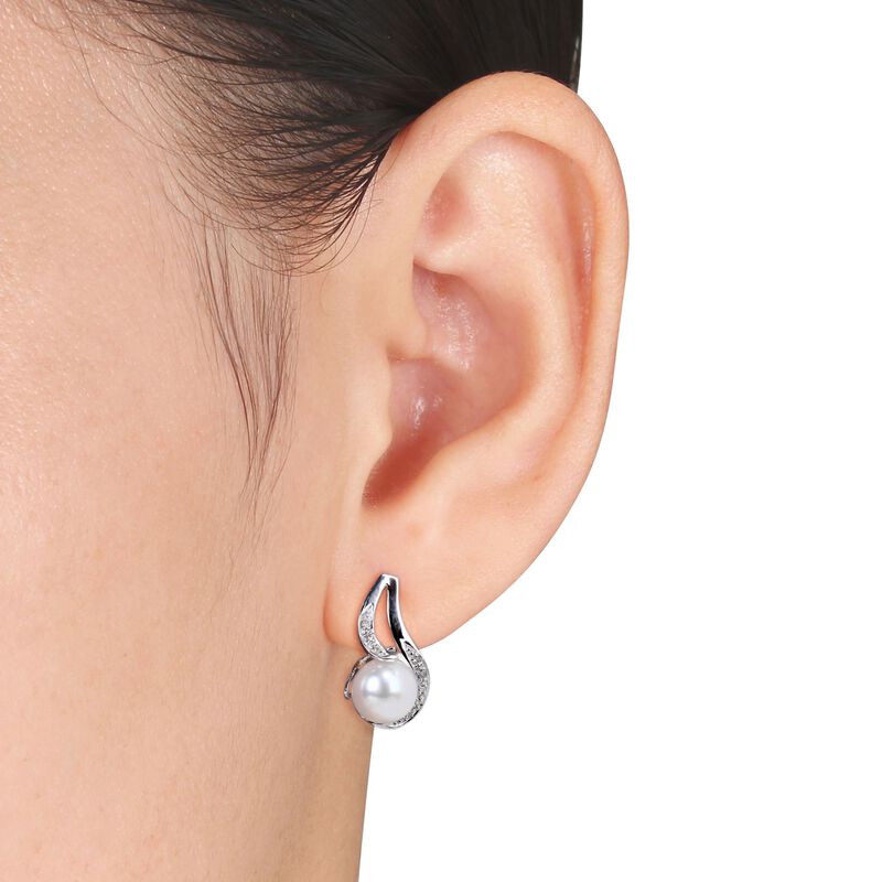 9-9.5mm Cultured Pearl Earrings with Diamonds in Sterling Silver image number 2