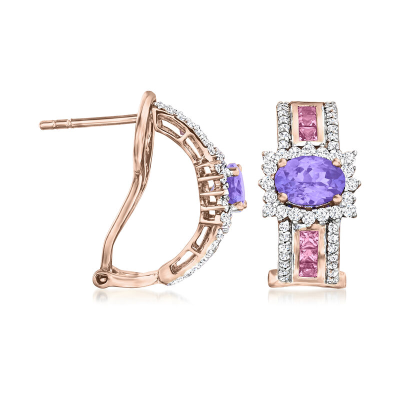 1.80 ct. t.w. Tanzanite and .90 ct. t.w. Pink Sapphire Drop Earrings with .60 ct. t.w. Diamonds in 14kt Rose Gold  image number 2