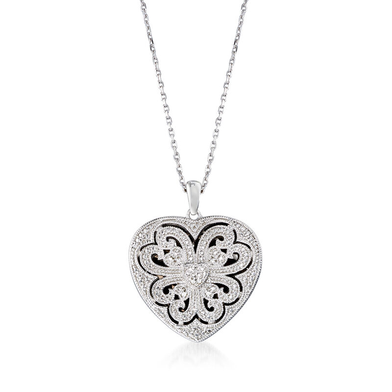 Sterling Silver Scrolled Heart Locket Necklace with Diamonds. 16&quot; image number 1