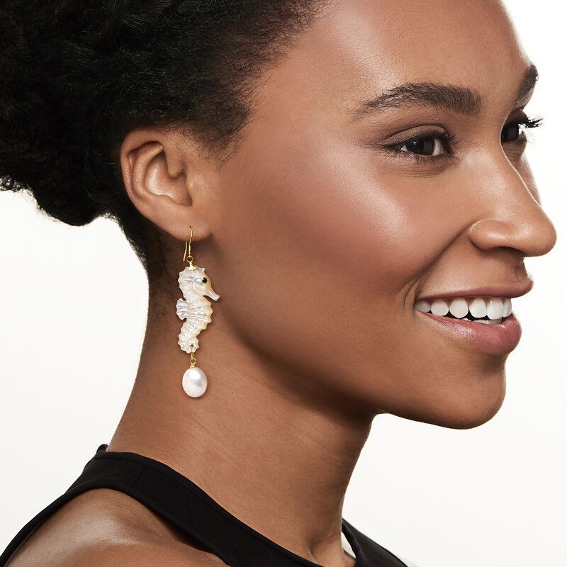 Mother-of-Pearl Seahorse Drop Earrings with 9.5-10mm Cultured Pearls and .10 ct. t.w. Sapphires in 14kt Yellow Gold image number 1