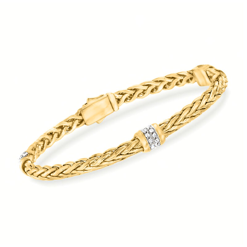Phillip Gavriel &quot;Woven&quot; .30 ct. t.w. Pave Diamond Wheat-Chain Station Bracelet in 14kt Yellow Gold. 7.5&quot; image number 0