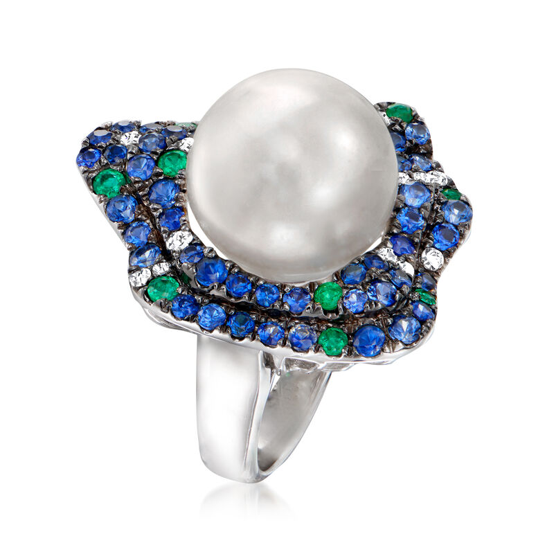 13-14mm Cultured South Sea Pearl Ring with 2.10 ct. t.w. Multi-Gemstones and .21 ct. t.w. Diamonds in 18kt White Gold. Size 6.5 image number 2