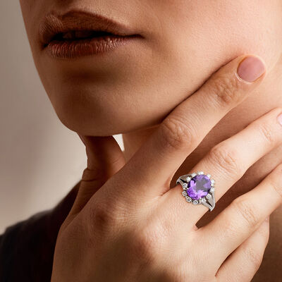 C. 1990 Vintage 3.10 Carat Oval Amethyst Ring with .30 ct. t.w. Diamonds in Platinum