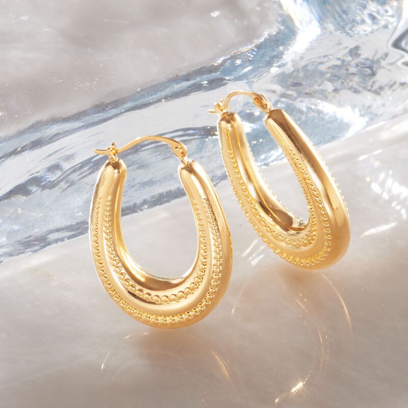 Andiamo 14kt Yellow Gold Over Resin Beaded Oval Hoop Earrings. 1&quot; image number 2
