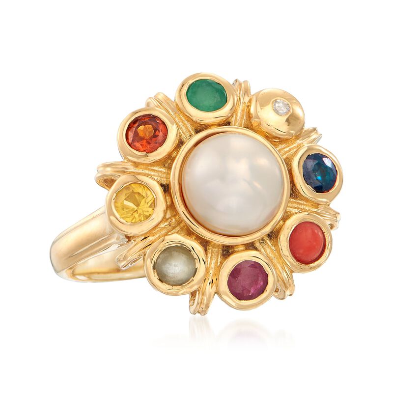 7mm Cultured Button Pearl and .49 ct. t.w. Multi-Stone Ring in 18kt Gold Over Sterling image number 3