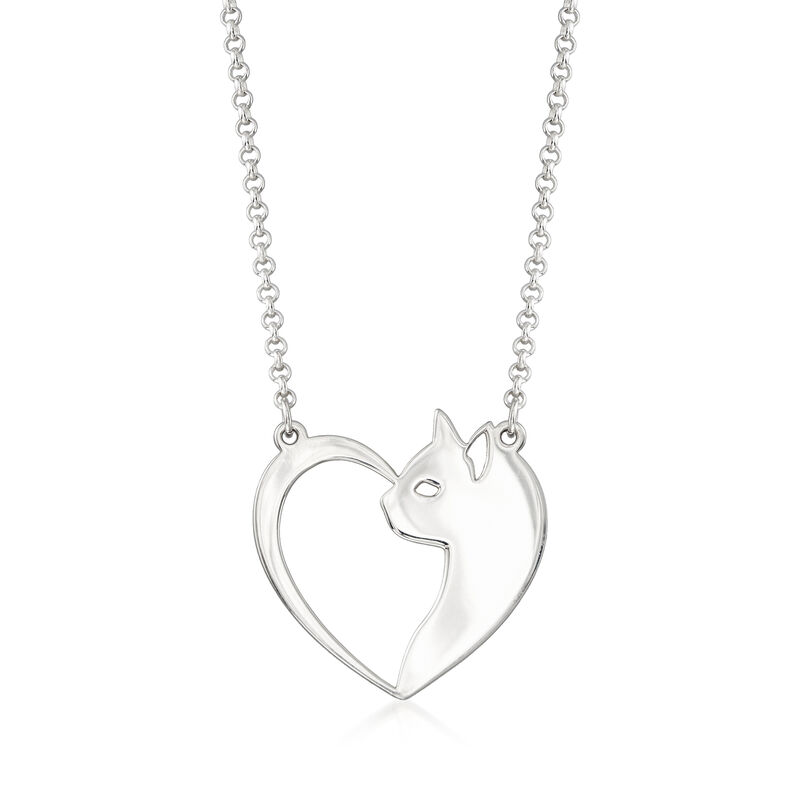 Sterling Silver Cat and Heart Necklace. 18&quot; image number 1