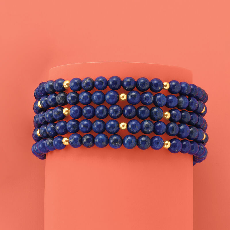Blue Lapis Jewelry Set: Five Bead Stretch Bracelets with 14kt Yellow Gold image number 2