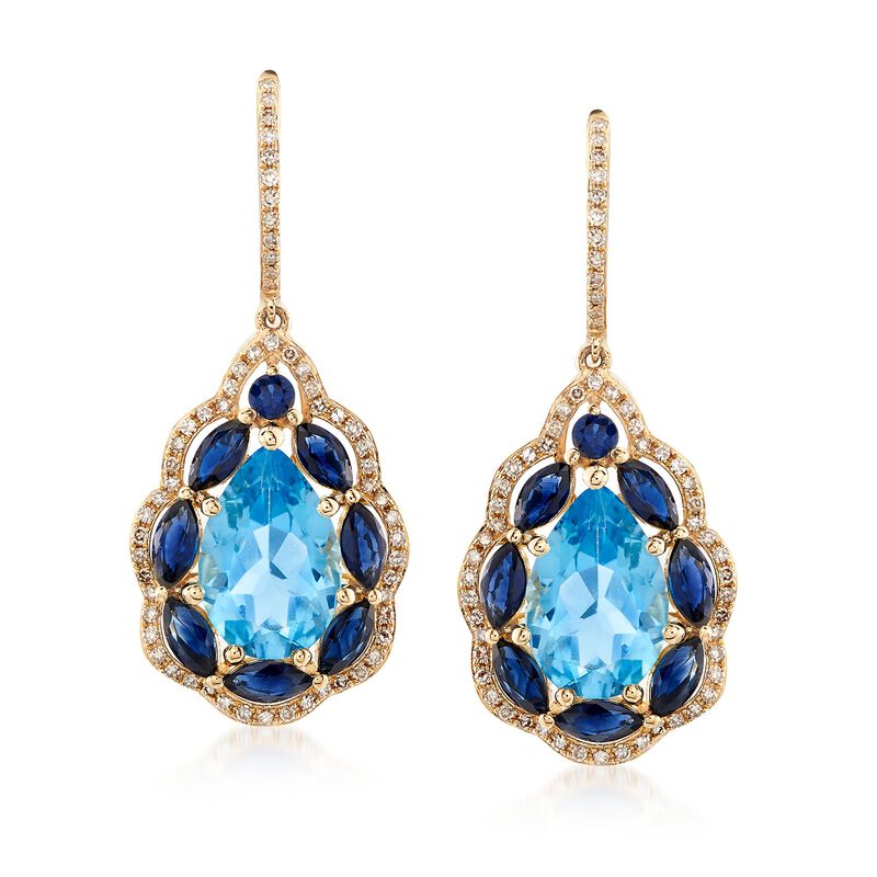 6.25 ct. t.w. Blue Topaz and 2.60 ct. t.w. Sapphire Drop Earrings with Diamonds in 14kt Yellow Gold image number 0