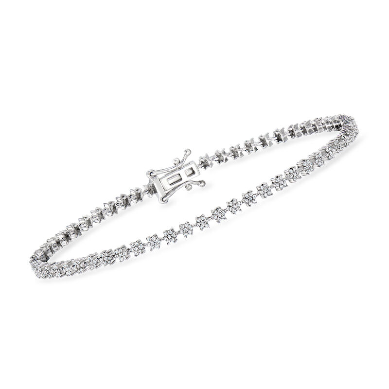 .71 ct. t.w. Diamond Flower Tennis Bracelet in Sterling Silver. 7.25&quot; image number 0