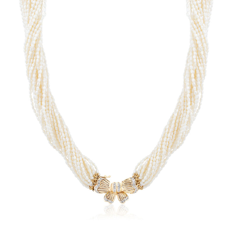 Cultured Pearl Torsade Necklace with .36 ct. t.w. Diamond Bow in 14kt Yellow Gold image number 0
