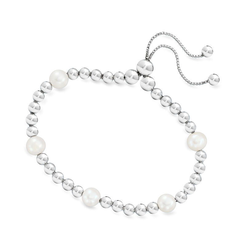 7-7.5mm Cultured Pearl and Sterling Silver Bead Station Bolo Bracelet  image number 2