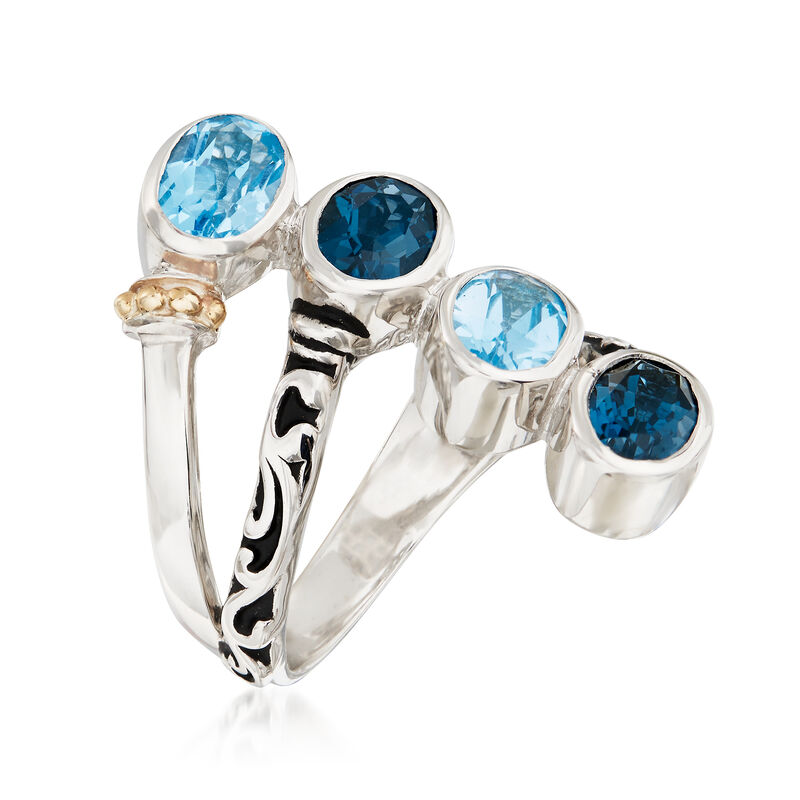 3.70 ct. t.w. Swiss and London Blue Topaz Bypass Ring in Sterling Silver with 14kt Gold image number 2