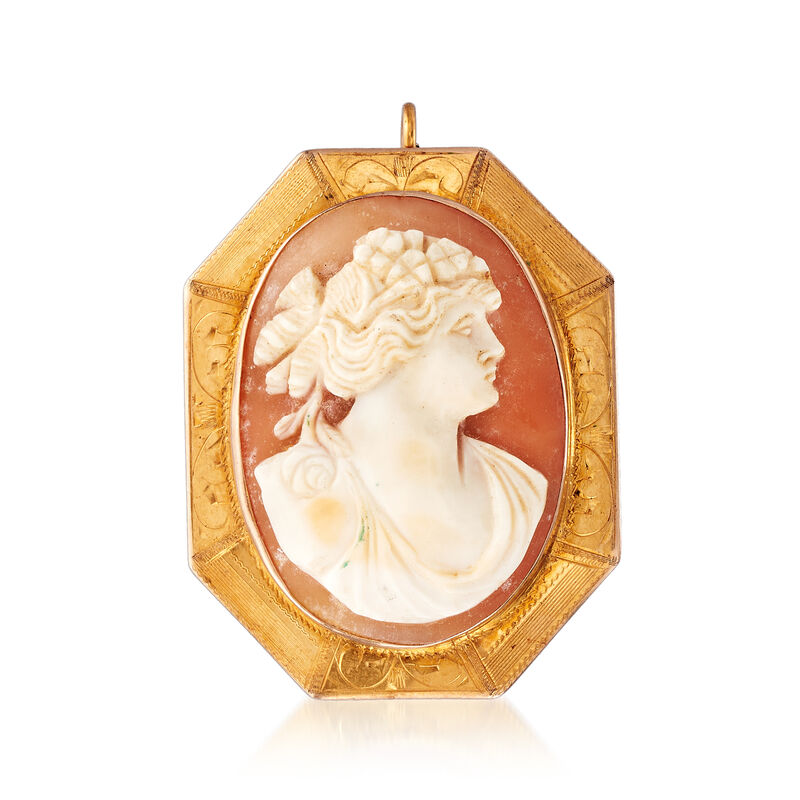 C. 1950 Vintage Oval Shell Cameo Pin Pendant in 10kt Yellow Gold. Pin image number 1