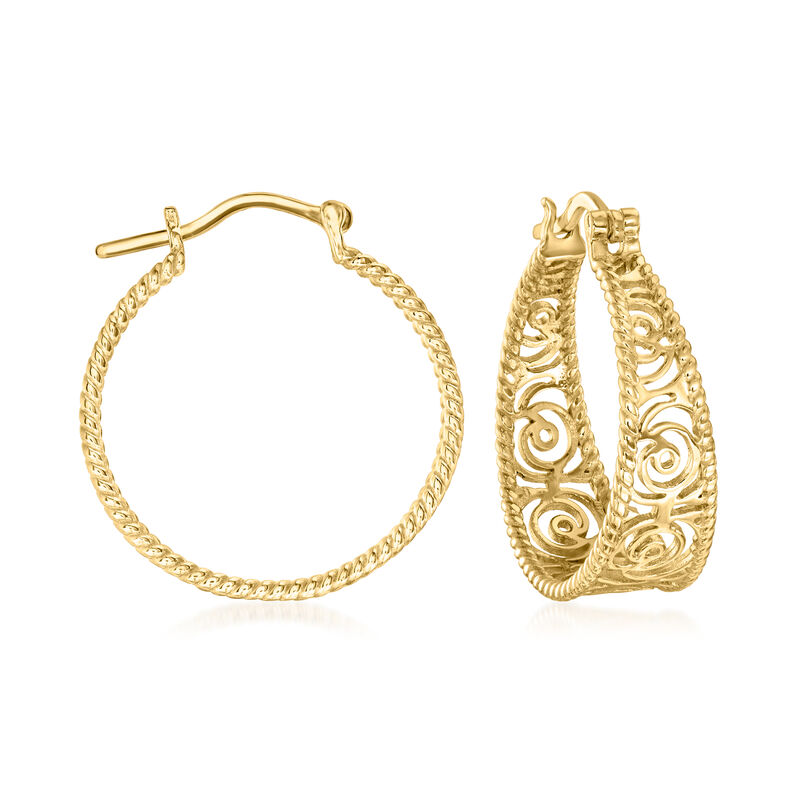 18kt Gold Over Sterling Rose Cutout Hoop Earrings. 1 1/8&quot; image number 0