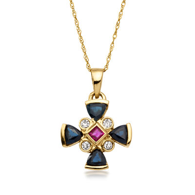 C. 1970 Vintage .80 ct. t.w. Sapphire, .10 ct. t.w. Diamond and .15 Carat Ruby Cross Pendant Necklace in 14kt Yellow Gold
