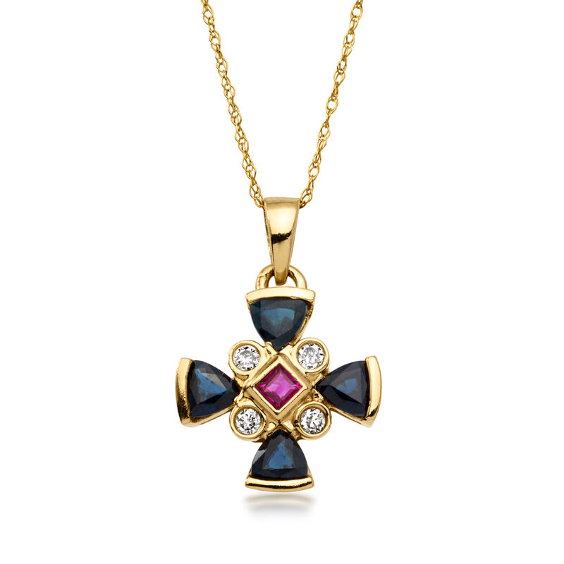 C. 1970 Vintage .80 ct. t.w. Sapphire, .10 ct. t.w. Diamond and .15 Carat Ruby Cross Pendant Necklace in 14kt Yellow Gold. 18" image number 0