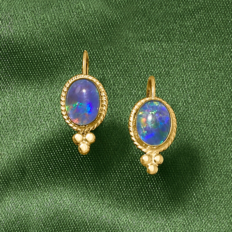 Blue Opal Triplet Drop Earrings in 14kt Yellow Gold image number 4