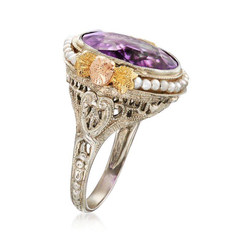 C. 1950 Vintage 6.00 Carat Amethyst and Cultured Seed Pearl Floral Ring in 18kt Tri-Colored Gold image number 2