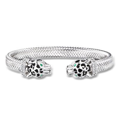 Charles Garnier .60 ct. t.w. CZ Panther Head Cuff Bracelet with Black Enamel and Simulated Emeralds in Sterling Silver