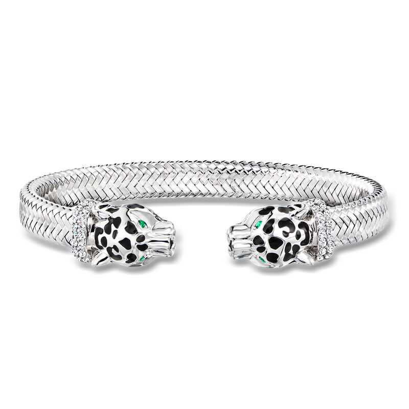 Charles Garnier .60 ct. t.w. CZ Panther Head Cuff Bracelet with Black Enamel and Simulated Emeralds in Sterling Silver. 7.5" image number 0