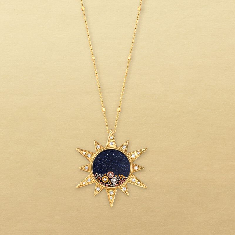 Blue Sandstone and .15 ct. t.w. Diamond Sun Pendant Necklace in 14kt Yellow Gold image number 2