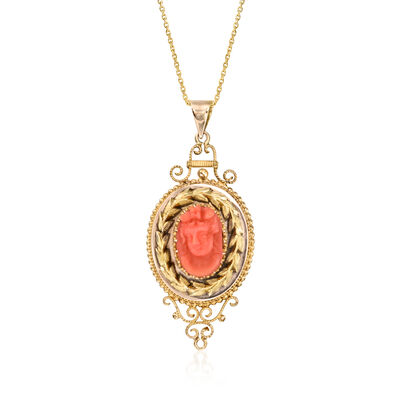 C. 1940 Vintage Coral Cameo Pendant Necklace in 14kt Yellow Gold