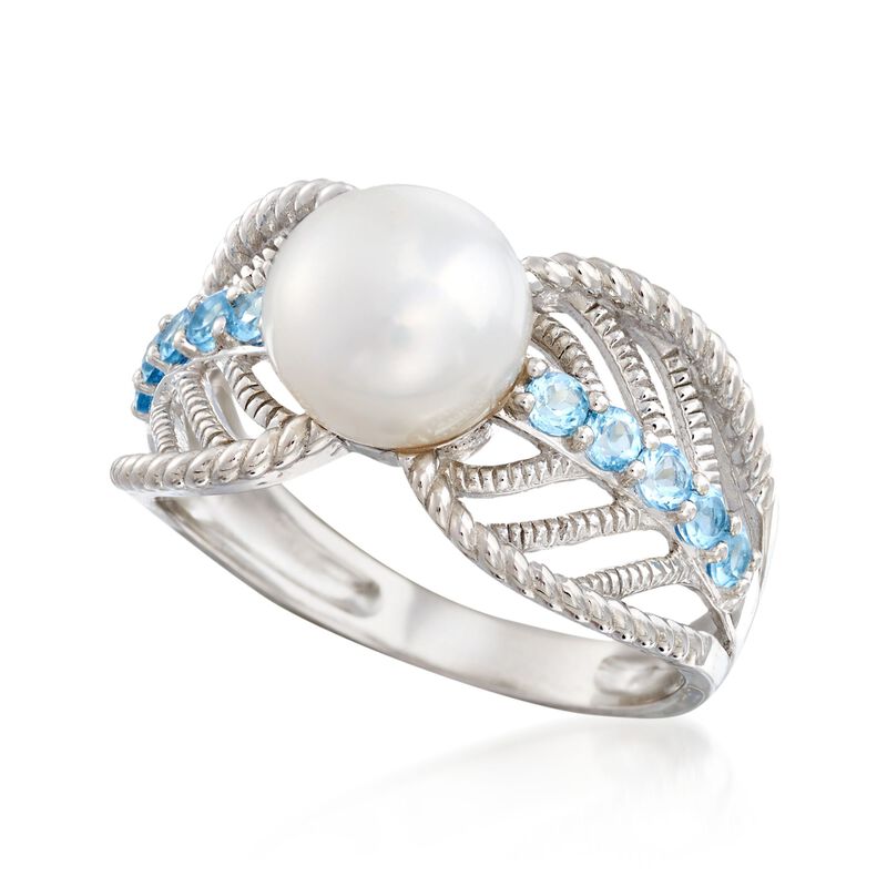 8-8.5mm Cultured Pearl and .40 ct. t.w. Blue Topaz Ring in Sterling Silver  image number 3